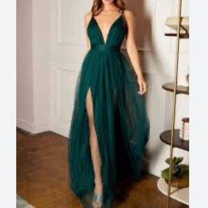 NWT Amoris by Cinderella Devine Emerald Maxi Dress with Plunging Neckline.